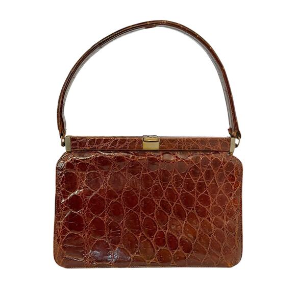 Vintage Genuine Crocodile Exotic Leather Brown Top-Handle Hinged-Frame Handbag - Picture 1 of 8